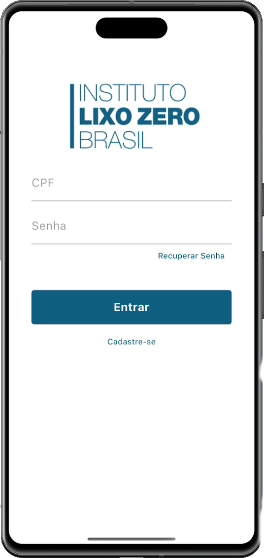 Tela de acesso do aplicativo oficial do Instituto Lixo Zero Brasil