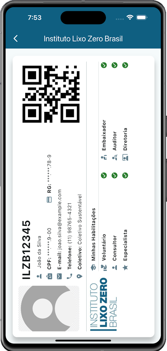 Tela de credencial do aplicativo oficial do Instituto Lixo Zero Brasil